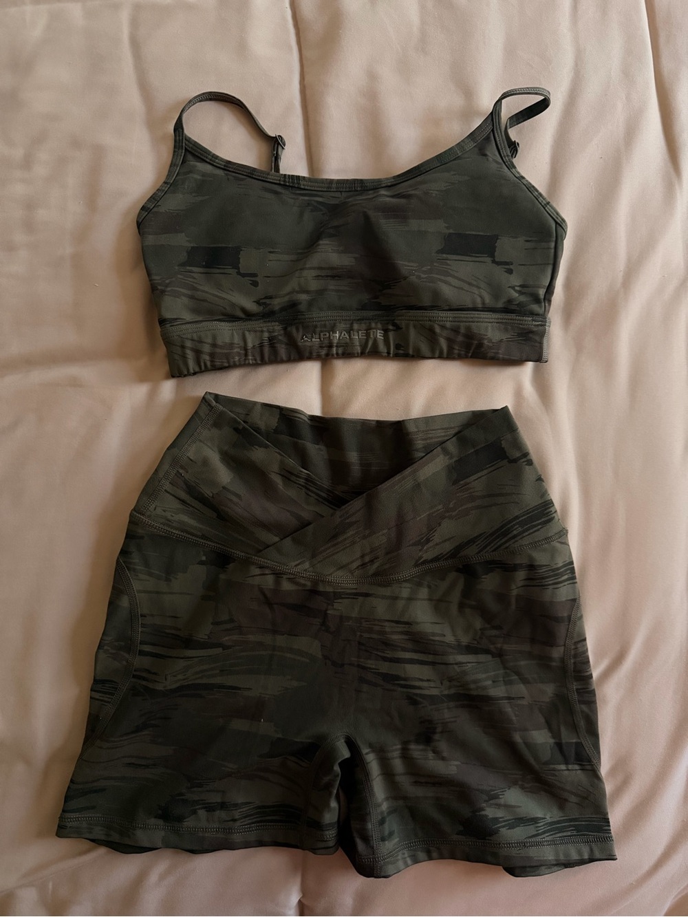 Alphalete Olive Camo Sports Bra and High-Waist Shorts Set